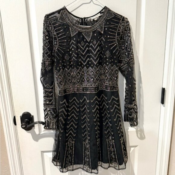 Katrina Grimaldi Black Long Sleeve Geometric Hand-Beaded Mini Cocktail Dress - Picture 1 of 9